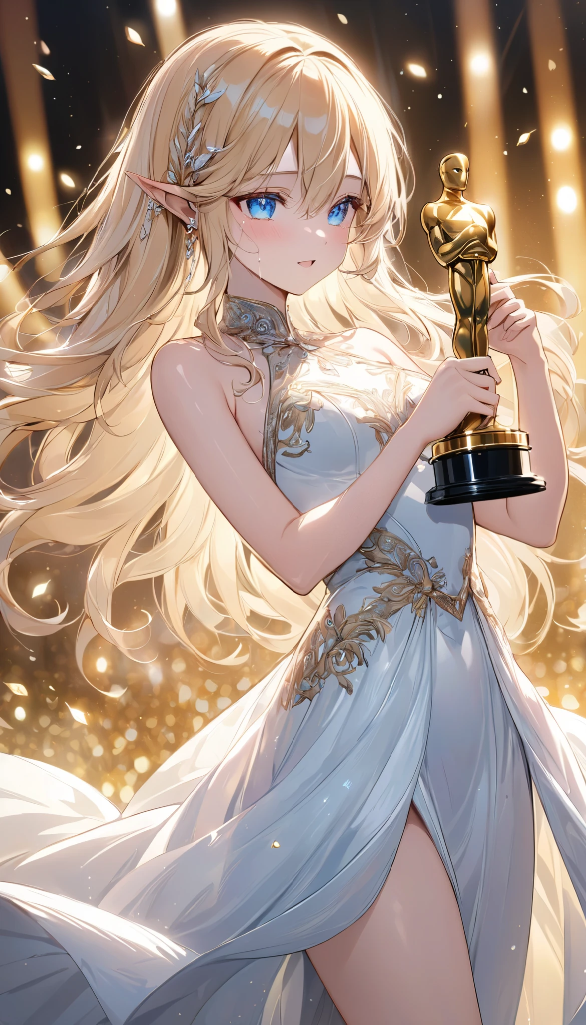 (((Best quality, 8k, Masterpiece: 1.3)), ((best quality)), ((masterpiece)), (detailed), perfect face, perfect body, (detailed skin:1.3), (intricate details), A radiant young elven actress, with flowing golden blonde hair and piercing blue eyes, stands on the grand stage of an Academy Awards ceremony. She wears an elegant, floor-length gown in shimmering silver and gold, adorned with intricate elven embroidery that glimmers under the stage lights. In her delicate hand, she holds the iconic Oscar statuette. Tears of joy glisten in her eyes as she speaks passionately into the microphone, her pointed ears visible beneath her graceful hair. The background features a lavish stage with golden curtains, dramatic lighting, and an audience captivated by her heartfelt words.