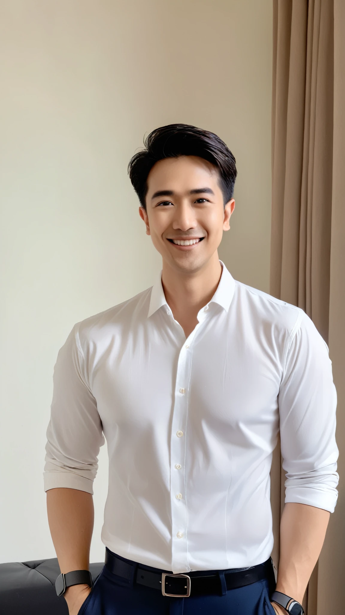 orimura handsome man smiling 8k UHD, ,  measurements , Raw images,  virtual reality photography ,  Whole Body , Fujifilm XT3, Canon R5, Handsome man , and black pants , , men's shirt, navy, ,.In the room