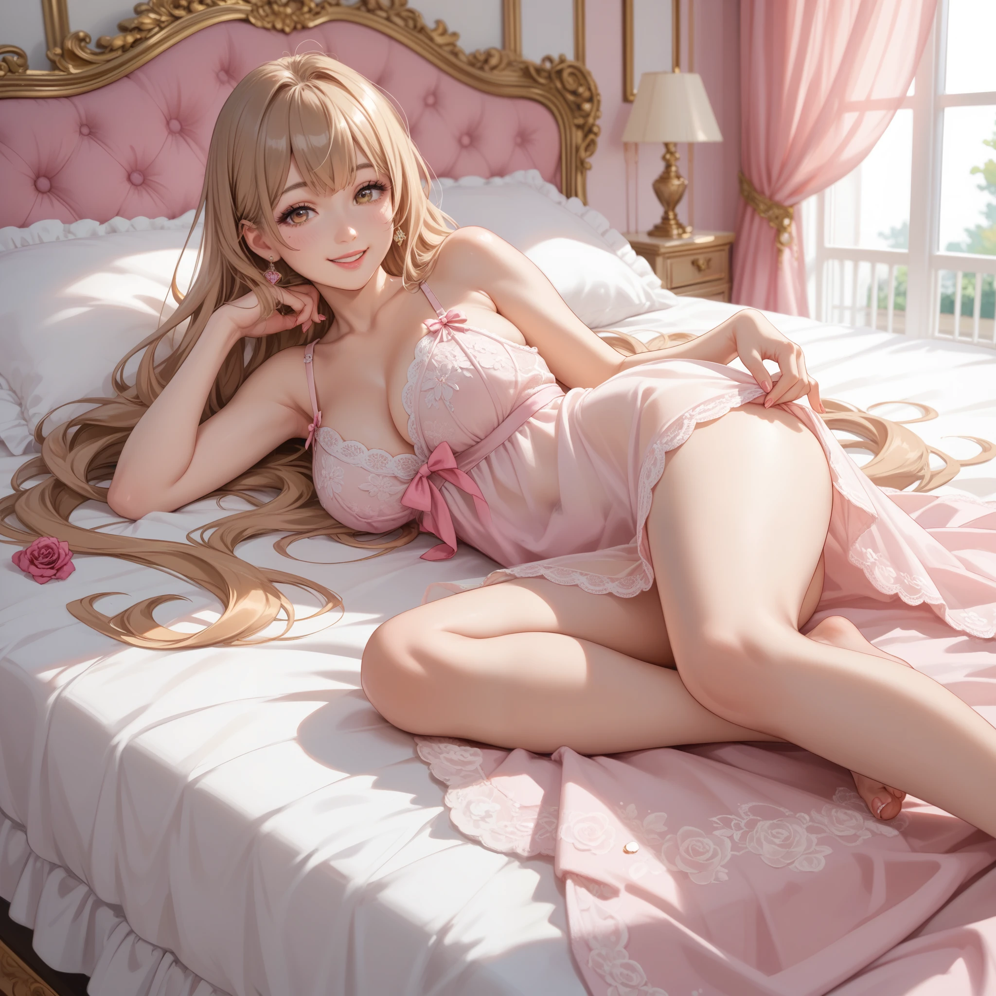 Character Mahiru Shiina , ,  a beautiful and charming girl , sweet thin smile ,rich luxury mansion , characters with long golden hair and light brown eyes,  Wearing a white and pink too thin nightgown , luxurious pink room ,  lying on the bed A luxurious pink color bed, 1girl,