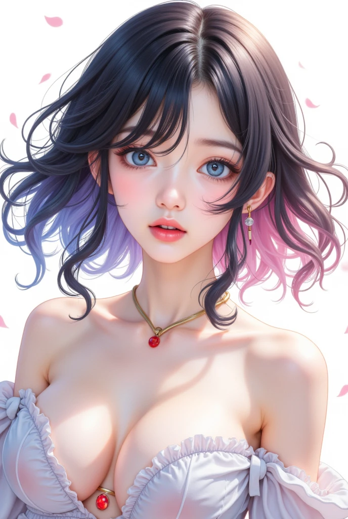 One Girl,alone, Upper Body,Show Viewer, White Background, Bobcut, short hair, ((Multicolored Hair:1.2)), Compensate , Lips parted, Black Lips, eyeliner, Gothic, Goth Girl,(((Completely naked))),(((nsfw))),((Small breasts))
