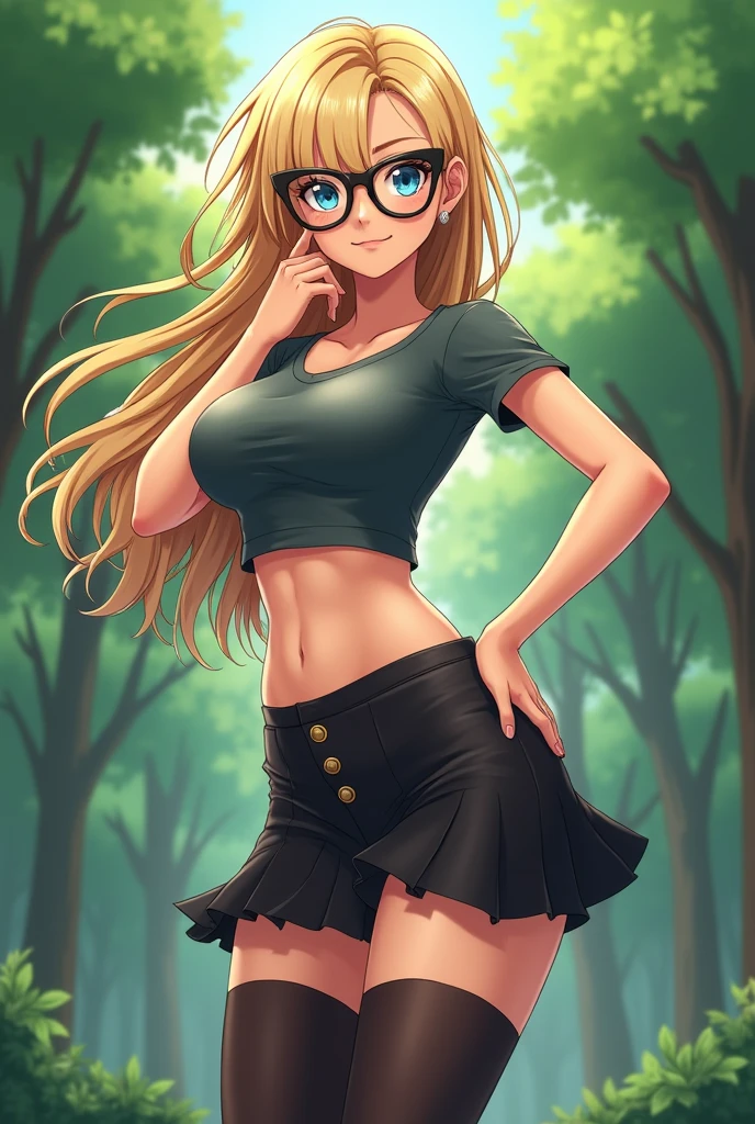 ((best quality)), ((highly detailed)), masterpiece, (detailed eyes, deep eyes), (1girl), (glasses), cowboy shot, <lora:hairdetailer:1>, <lora:mlp_applejack:1>, mlpapplejack, blonde hair, low-tied long hair, green eyes, freckles, (muscular female), smile, tied shirt, midriff, navel, denim skirt, belt, cowboy boots, apple trees