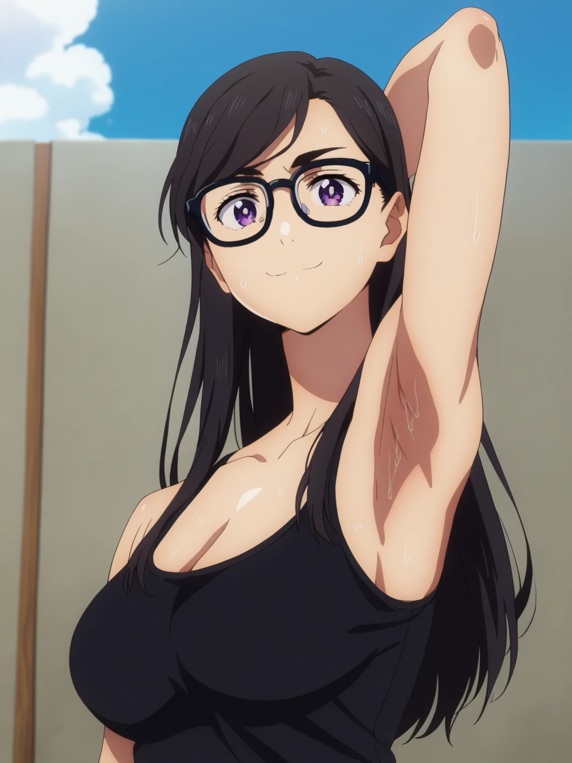 score_9, score_8_up, score_7_up, source_anime, anime screencap, 1girl, solo, hizuru minakata, long hair, black hair, glasses, purple eyes, black-framed eyewear, shirt, collarbone, black shirt, large breasts, arm behind head, armpit, armpit focus, from side, (from below:1.1), looking at viewer, head towards viewer, smile, closed mouth, badhandv4, outdoors, day, sweaty