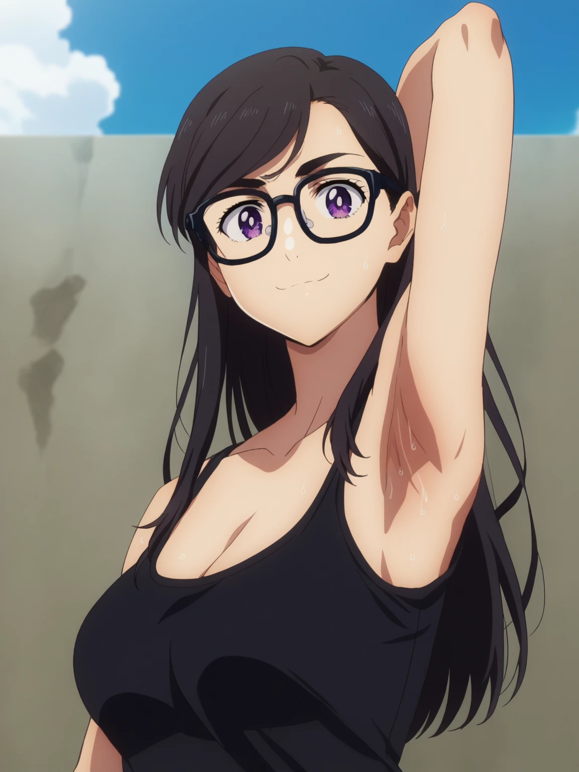 score_9, score_8_up, score_7_up, source_anime, anime screencap, 1girl, solo, hizuru minakata, long hair, black hair, glasses, purple eyes, black-framed eyewear, shirt, collarbone, black shirt, large breasts, arm behind head, armpit, armpit focus, from side, (from below:1.1), looking at viewer, head towards viewer, smile, closed mouth, badhandv4, outdoors, day, sweaty