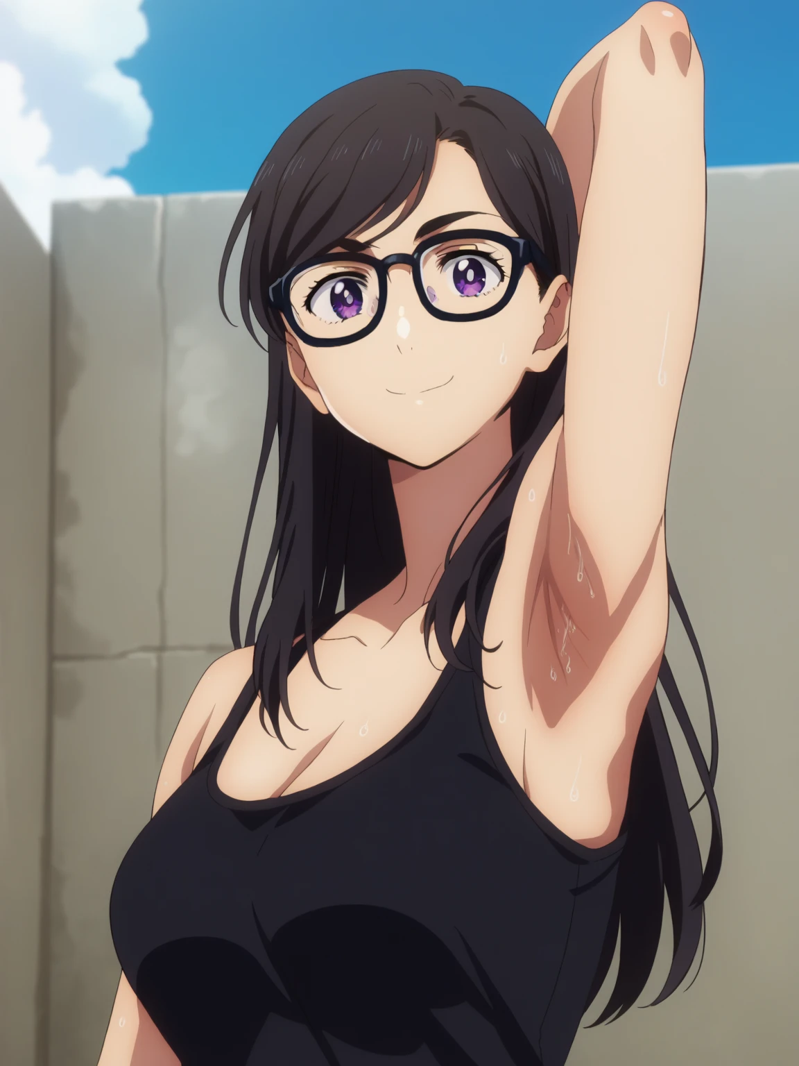 score_9, score_8_up, score_7_up, source_anime, anime screencap, 1girl, solo, hizuru minakata, long hair, black hair, glasses, purple eyes, black-framed eyewear, shirt, collarbone, black shirt, large breasts, arm behind head, armpit, armpit focus, from side, (from below:1.1), looking at viewer, head towards viewer, smile, closed mouth, badhandv4, outdoors, day, sweaty