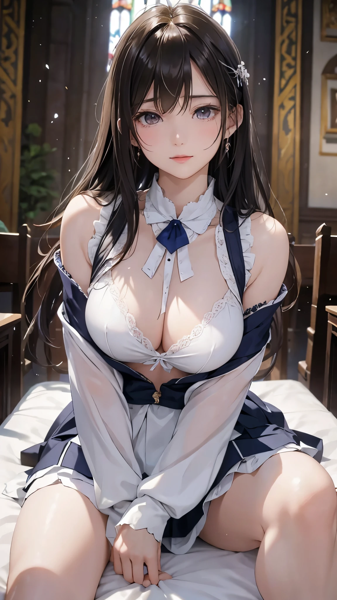 （8K ，Hyper-detailing，Ultra photo realsisim，Best Masterpiece，naturey，Perfect artwork，Perfect female body），Two cute busty girls ，（large tities），Quiet and elegant library，Book case，Tons of books，Long table，a chair，A ghost hidden in the library，Wearing a sailor's uniform，Cool and sexy sailor suits，Built-in thong panties，Large cleavage，slovenly，Stretch meat，Raised sexy，The kinky is exposed ，tit，full body shot of