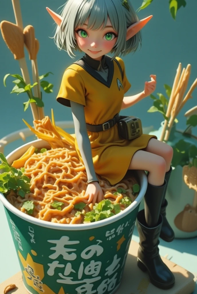 A cup noodle container with the product name printed on the side with the cover tightly closed, A small elf sitting on the edge of the cover, full body, PVC texture, silver bob hair, green eyes. Star Trek uniform, smile, super realistic, from above, Tilt lens photography, simple background