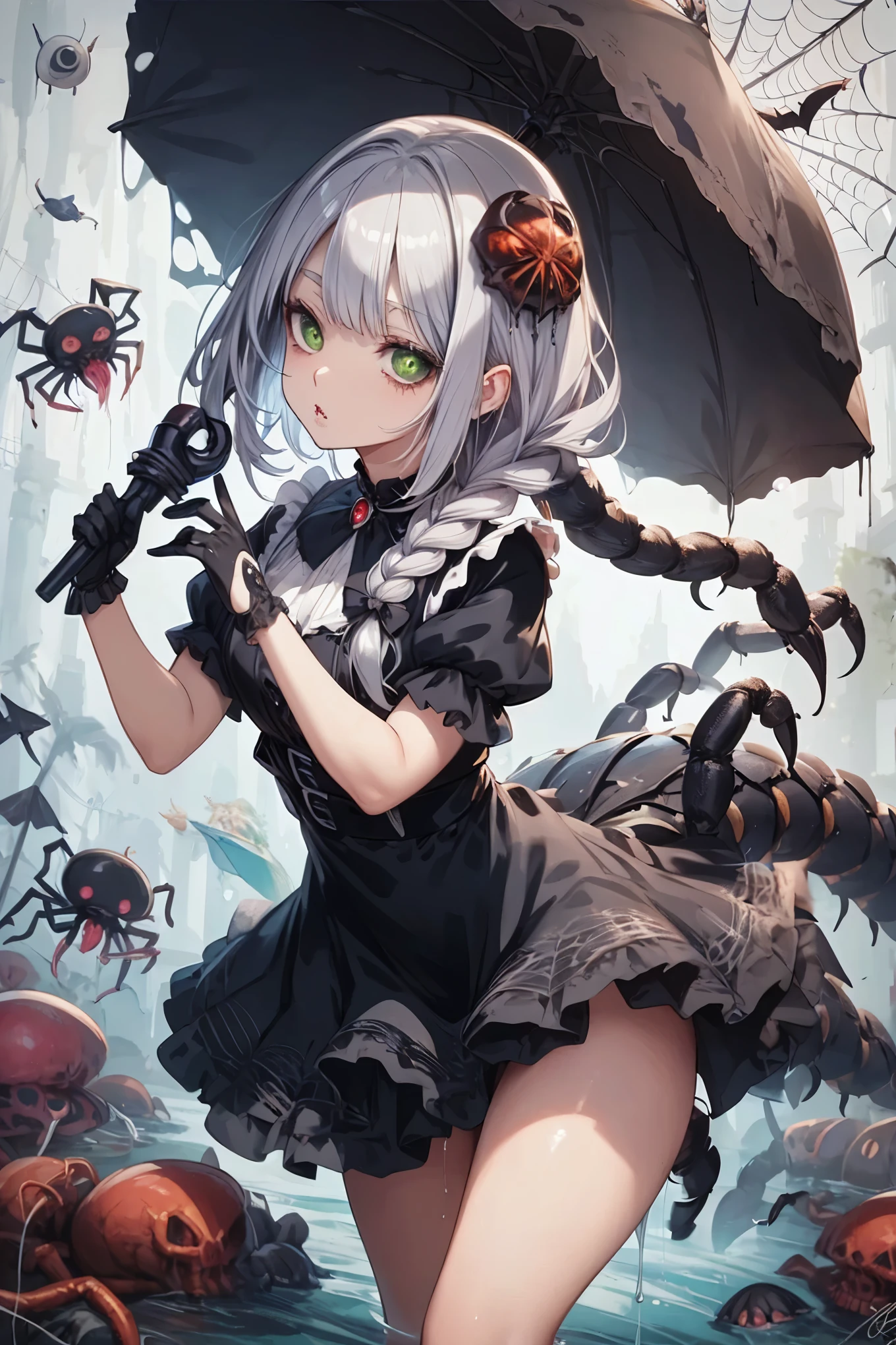 Scorpion girl. Black gothic dress. Scorpion tail. tail encased in a black shell. Crustacean. Parasol. Silver hair. Horror eyes. Single braid. Crustacean left hand. Black gloves. Spider eyes in her hair. Dripping green mucus.