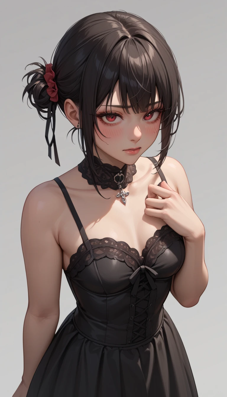 KURUMI TOKISAKI,TWIN TAIL HAIR,BLACK HAIR,GOTHIC GIRL,RED AND BLACK,Score_9, Score_8_up, Score_7_up, Score_6_up, Score_5_up, Score_4_up, Source_anime, Tag1, Tag2, Quality_masterpiece, Anatomically correct, Beautiful face, Perfect face, Highly detailed beautiful face and eyes, Attractive face, Detailed face, Delicate facial features, Detailed skin, SMALL breasts, Sensual GIRL, GIRL, Elegant, Glamor, Bitch, Slut, Whore, Voluptuous, Seductive, Glamor, Love handle, Curvy, Plump, Embarrassed, shy, seductive BREAK high-angle view, fully clothed, 