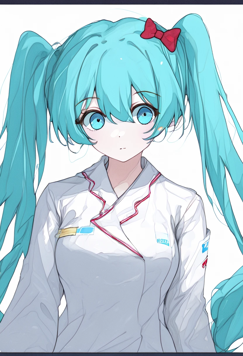 miku, aqua hair, long hair, twintails, very long hair, aqua eyes, medium breasts, bangs