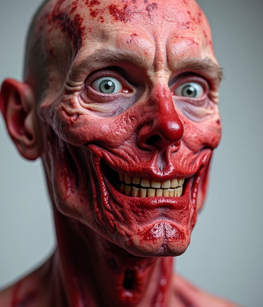 zombie eating flesh, blue eyes, bloody, no hair, detailed, intricate, rottingzombie person, glasses