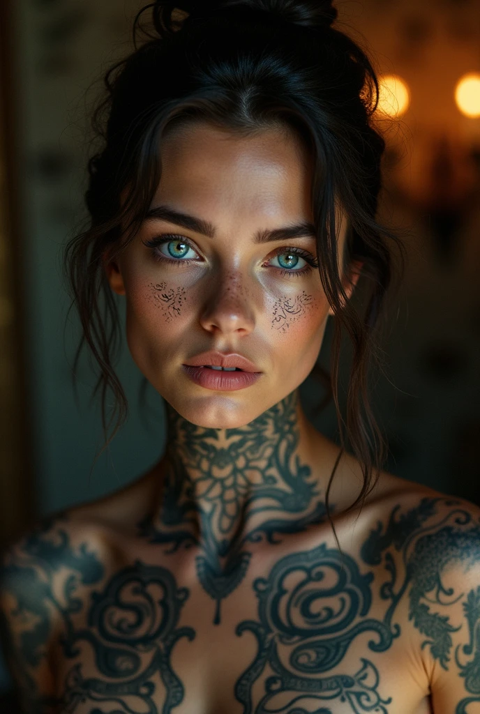 realistic photo wild young 1woman, warrior face tattoo, super realistic, sharpened details, ultra detail, detailed skin, blue sharpened eyes, detailed brunette with bangs, movie, piercing, intricate details, (gorgeous face:1. 2), Masterpiece, Dragon Horn, ((Full Body)),