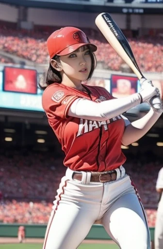 A very beautiful woman wearing a Hiroshima Carp uniform,Hitting at Giants Stadium、 bat