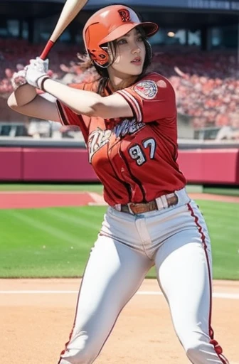 A very beautiful woman wearing a Hiroshima Carp uniform,Hitting at Giants Stadium、 bat