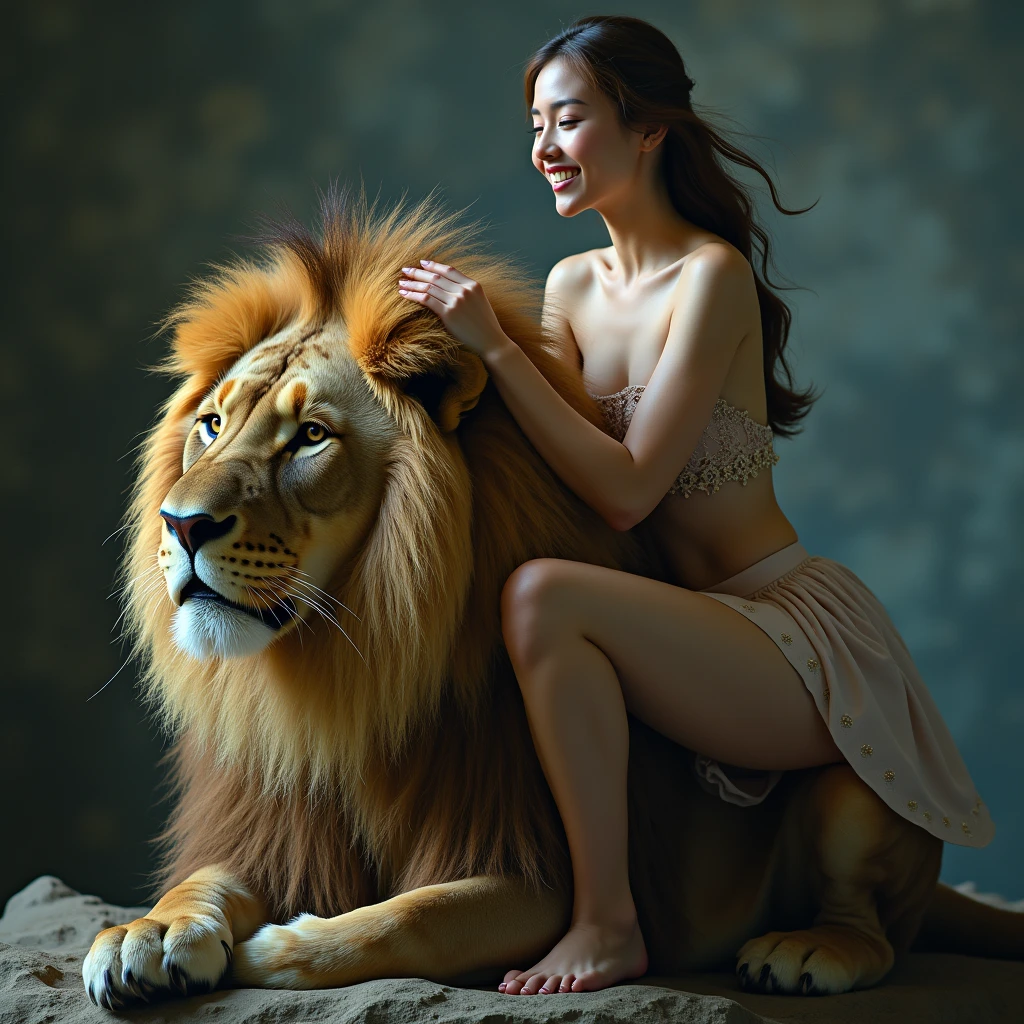Masterpiece, Best quality, 8k, 18 ans, Photo brute, absurdes, Award-winning portrait, sourire, sourire, pure, lion, elegant vibrant shine, magic, woman sotting on lipn back, elegant young, dangerous, profile picture
