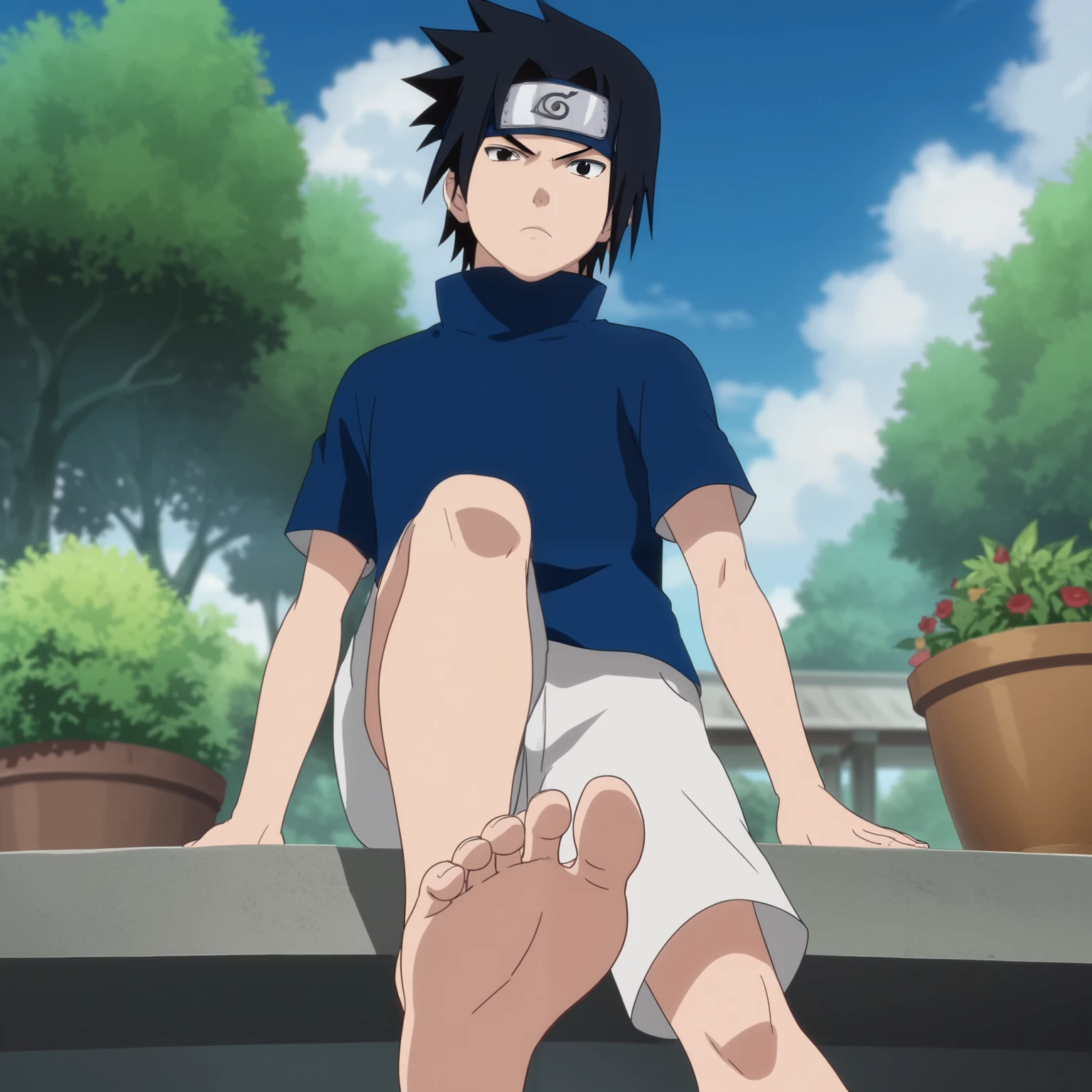 score_9, score_8_up, source_anime,
1boy, Sasuke Uchiha, black hair, short spiky hair, dark eyes, navy blue high-collar shirt, short sleeves, white shorts, alone, looking at viewer, serious expression, standing, cowboy shot, ANIME SCREENCAP, anime coloring, in a garden, barefoot, perfect feet, anatomically correct, soles, low angle, focal length 35mm, each foot has five toes, front, symmetrical soles, foot focus, sitting