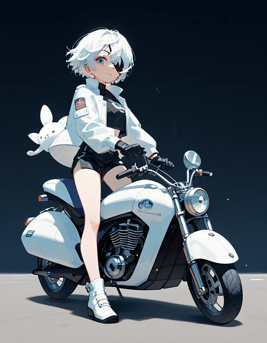  ,White hair,Short hair, in blue eyes, eyes patch, White coat, Medium Chest,cool, With Black Shorts ,Black shirt with black sleeves , shorts, wear gloves,Ride a big, all-black motorcycle,Cute girl, motorcycle black skin