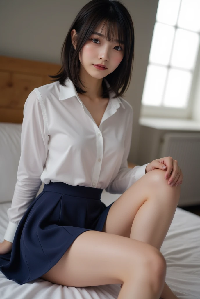 (Highest quality:1.9)、(High resolution)、Live-action image quality、((A 19-year-old pure female college student、1 person))、Soft lighting by a professional photographer、Natural light、((Very spacious white luxurious room:1.6))、((Bright white room:1.6))、(Sitting on a very luxurious white bed:1.2)、(White Bookcase:1.1)、Natural soft light、((Brown hair color:1.1))、Fair skin、Detailed Eyes、double eyelid、Slightly puffy cheeks、((Small Face:1.0))、((Pink lace short sleeve buttoned shirt、Grey checked mini skirt、Please wear it with the chest open.:1.1))、Live-action image quality、E cup bust、Cleavage、(smile)、((Girly pose 1.8))、((short hair:1.1))、((Full Body Shot:1.2))、((Height: 150cm))、Hands in front、Hide your hands between your legs、The shirt buttons are white