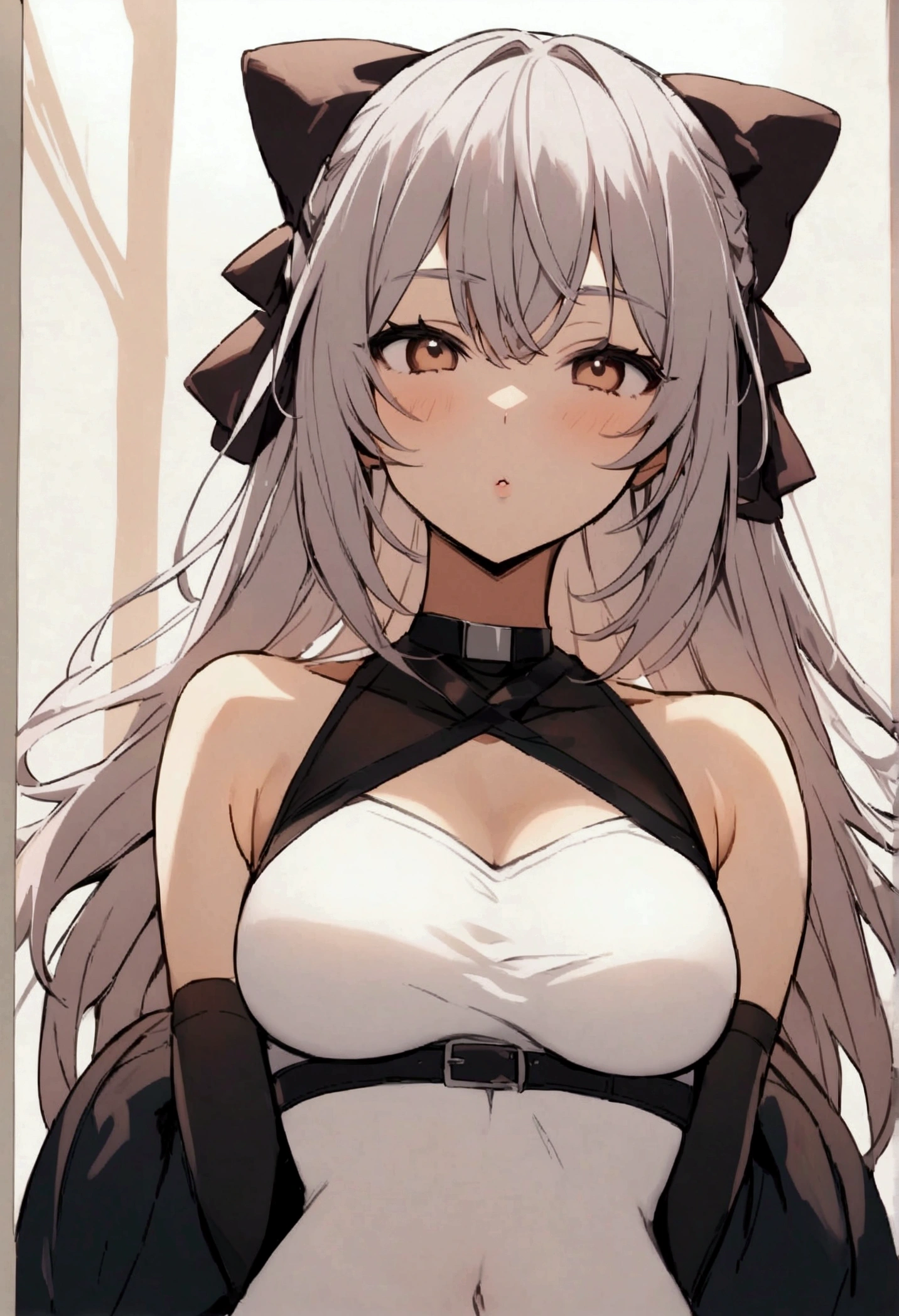 1girl, anime, cute girl, blank background, white background, fantasy, detailed dark fantasy dress with highlights, beautiful face, beautiful eyes, dark colors, silver hair, slightly small breasts, slight cleavage, beautiful skin, cute, breast curtains, extremely delicate and beautiful, (beautiful detailed face:1.0), (detailed deep eyes), symmetrical breasts, deep eyes, shiny skin, portrait, slender waist, hips wider than shoulders, thighs, young girl, expressionless
