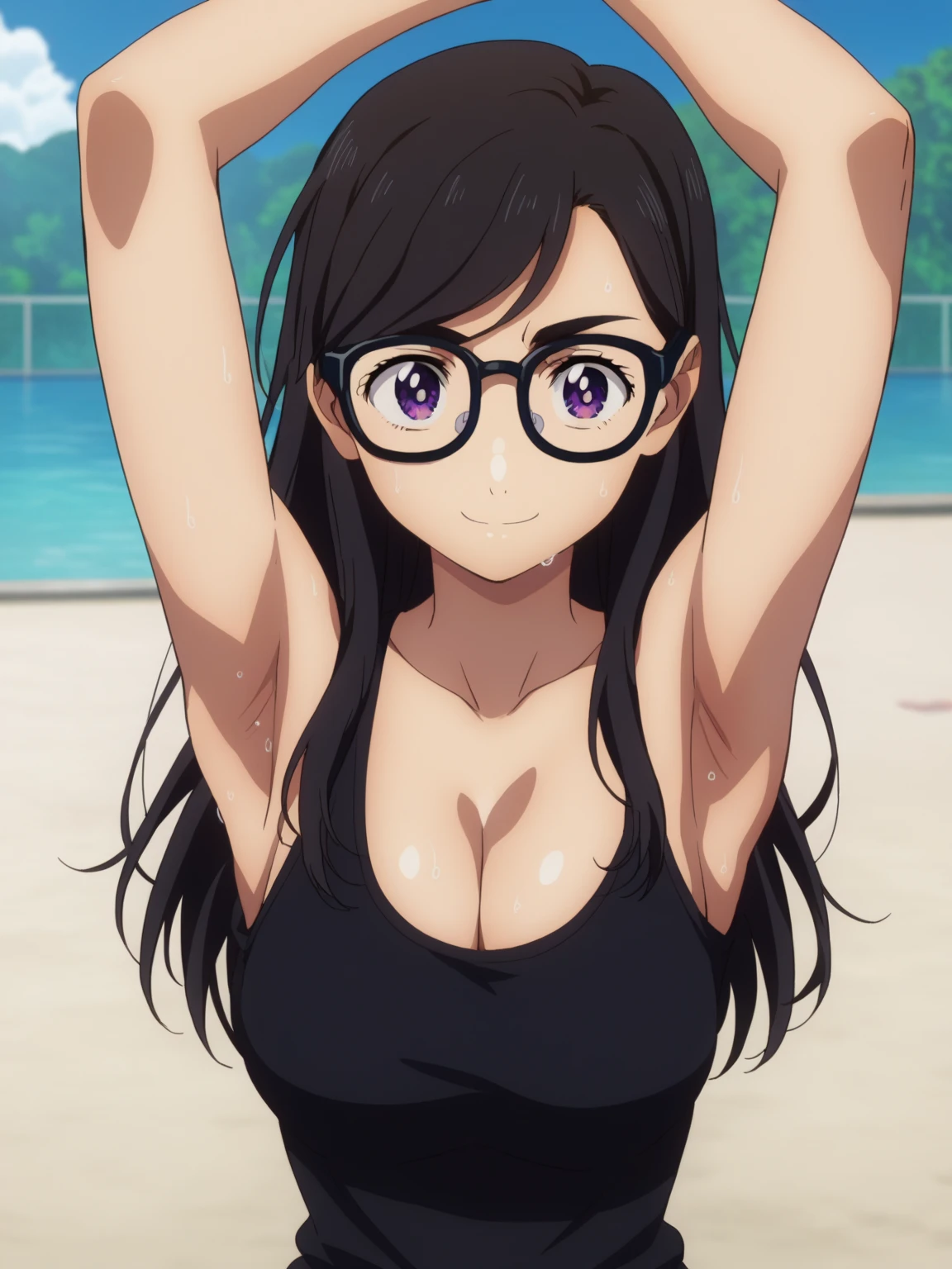 score_9, score_8_up, score_7_up, source_anime, anime screencap, 1girl, solo, hizuru minakata, long hair, black hair, glasses, purple eyes, black-framed eyewear, shirt, cleavage, collarbone, black shirt, large breasts, arms up, raised arms, armpits, from above, looking at viewer, head towards viewer, smile, closed mouth, badhandv4, outdoors, day, sweaty