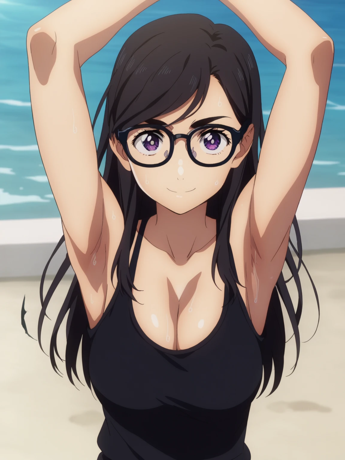 score_9, score_8_up, score_7_up, source_anime, anime screencap, 1girl, solo, hizuru minakata, long hair, black hair, glasses, purple eyes, black-framed eyewear, shirt, cleavage, collarbone, black shirt, large breasts, arms up, raised arms, armpits, from above, looking at viewer, head towards viewer, smile, closed mouth, badhandv4, outdoors, day, sweaty