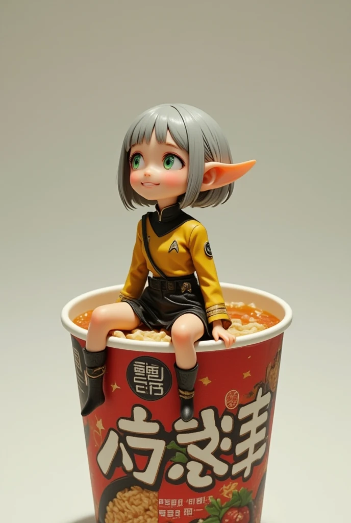 A cup noodle container with the product name printed on the side with the cover tightly closed, A small elf sitting on the cover, wariza, looking up, full body, PVC texture, silver bob hair, green eyes. Star Trek uniform, smile, super realistic, from above, Tilt lens photography, simple background