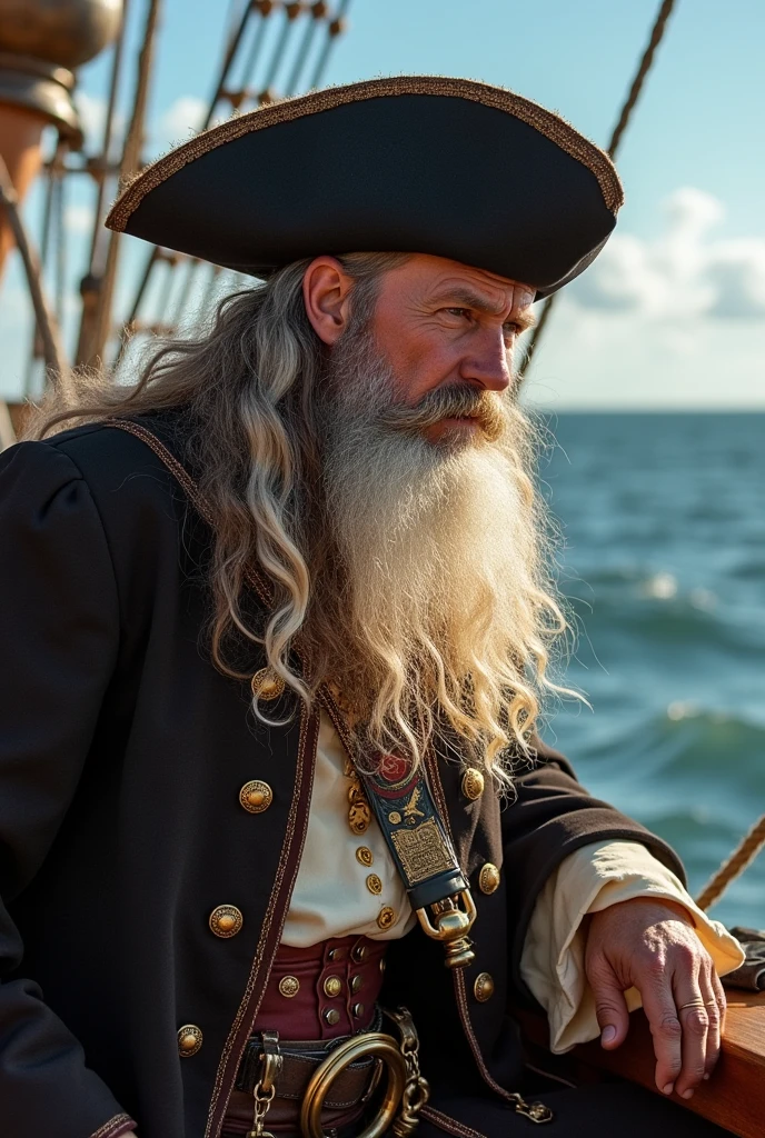 Bearded pirate ship captain working with computer