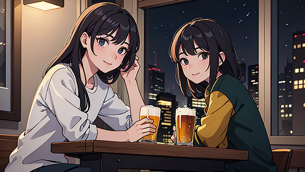 masterpiece,  high resolution,  best quality by the window, Upper body photo, sharp focus, night, Sit face to face and drink beer,  happy atmosphere , 1 man, 1 woman