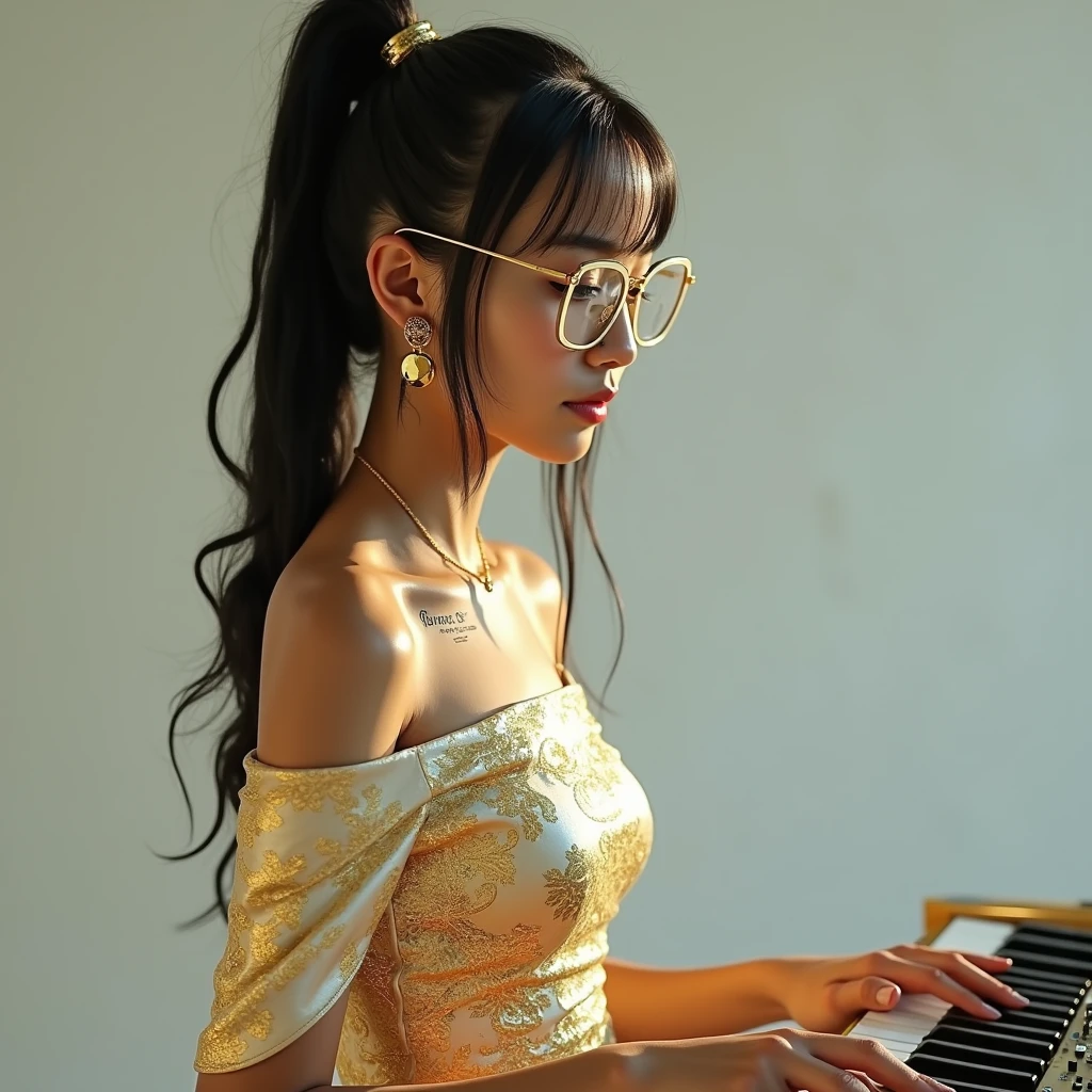 Detailed face of half body photo. 25 year old Indonesian girl with a sweet face, big round face and long brown wavy hair, round glasses wearing a long, luxurious black strapless sleeveless dress with batik pattern and playing the piano in a luxurious room at night