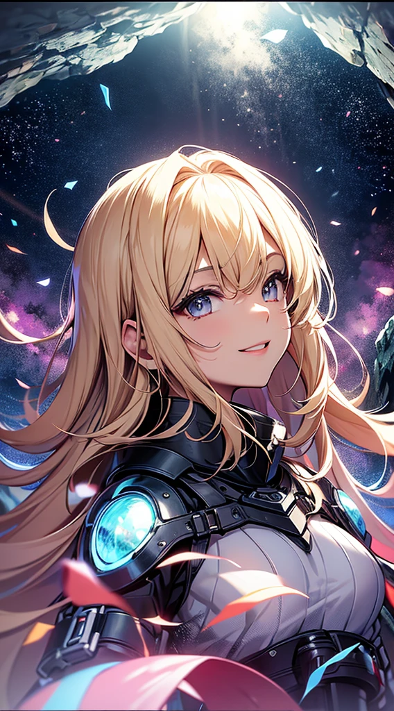 A portrait of an amazingly beautiful blonde woman with bright blue eyes, expressive face, detailed face, beautiful attractive face, perfect eyes, (perfect hands), pale skin, she's wearing a tight glossy blue bodysuit, standing, on a landscape on a distant planet with unusual terrain and alien lifeforms, stars and planets are shown in the sky. SCI-FI themed, SCI-FI setting.
