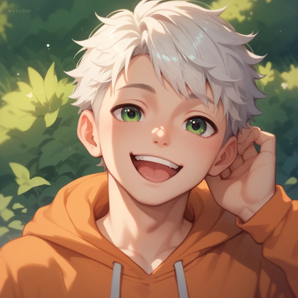 little cute 1boy 7yr happy,white hair and green eyes,wearing orange hoodie,from front,in backyard