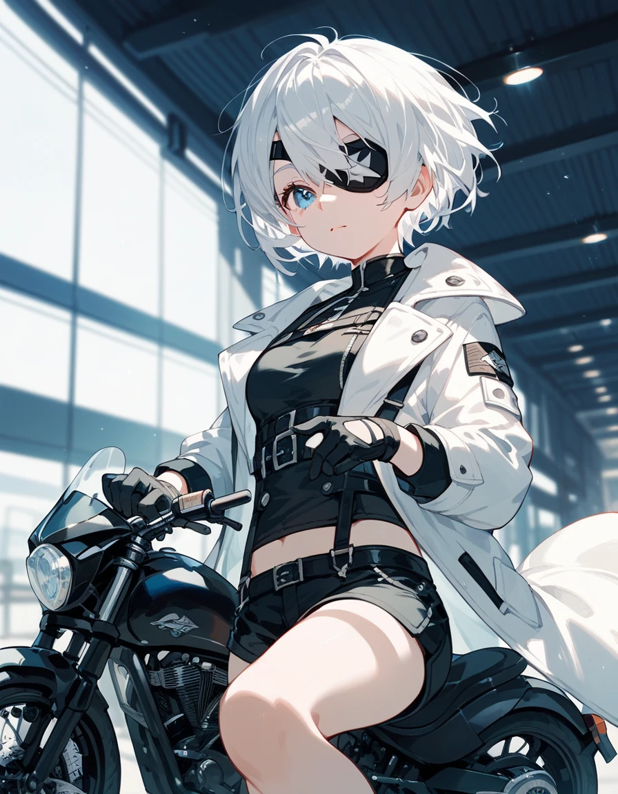  ,White hair,Short hair, in blue eyes, eyes patch, White coat, Medium Chest,cool, With Black Shorts ,Black shirt with black sleeves , shorts, wear gloves,Drive a big, all-black motorcycle,Cute girl