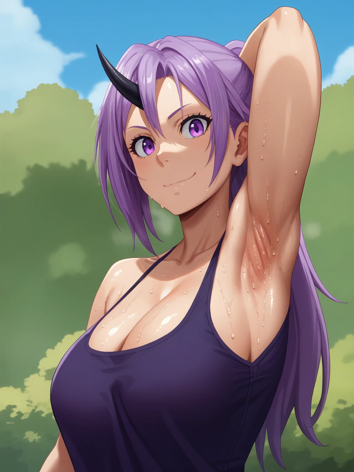 score_9, score_8_up, score_7_up, source_anime, anime screencap, 1girl, solo, shion, ponytail hair, purple hair, purple eyes, black horn, purple suit, cleavage, large breasts, arm behind head, armpit, armpit focus, from side, (from below:1.1), looking at viewer, head towards viewer, smile, closed mouth, badhandv4, outdoors, day, sweaty