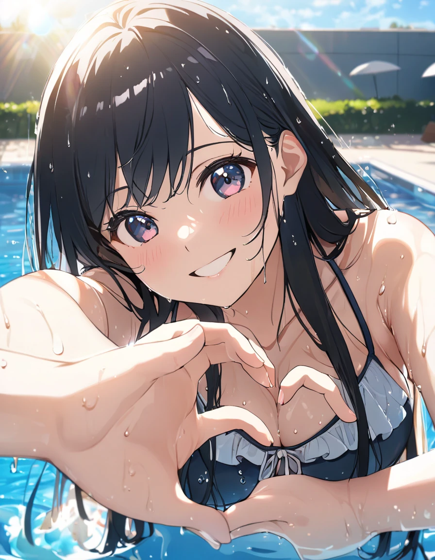  girl, cute, Adorable, smile, From the chest up,   straight hair , Long Hair,  black hair, clear weather, sweat, sunlight, the above,  look at the camera, Heart hand ,
(shape) With your fingers, Pool, Daytime, Wet, bikini