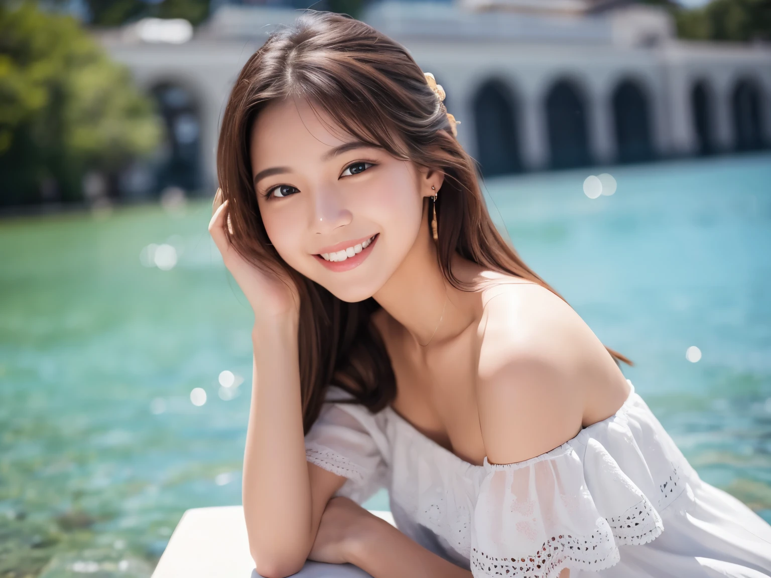 Araffe asian woman in white dress sitting on a ledge by a lake - SeaArt AI