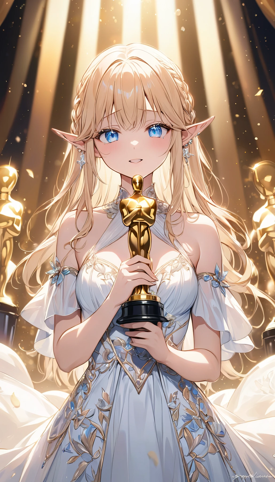 (((Best quality, 8k, Masterpiece: 1.3)), ((best quality)), ((masterpiece)), (detailed), perfect face, perfect body, (detailed skin:1.3), (intricate details), A radiant young elven actress, with flowing golden blonde hair and piercing blue eyes, stands on the grand stage of an Academy Awards ceremony. She wears an elegant, floor-length gown in shimmering silver and gold, adorned with intricate elven embroidery that glimmers under the stage lights. In her delicate hand, she holds the iconic Oscar statuette. Tears of joy glisten in her eyes as she speaks passionately into the microphone, her pointed ears visible beneath her graceful hair. The background features a lavish stage with golden curtains, dramatic lighting, and an audience captivated by her heartfelt words.