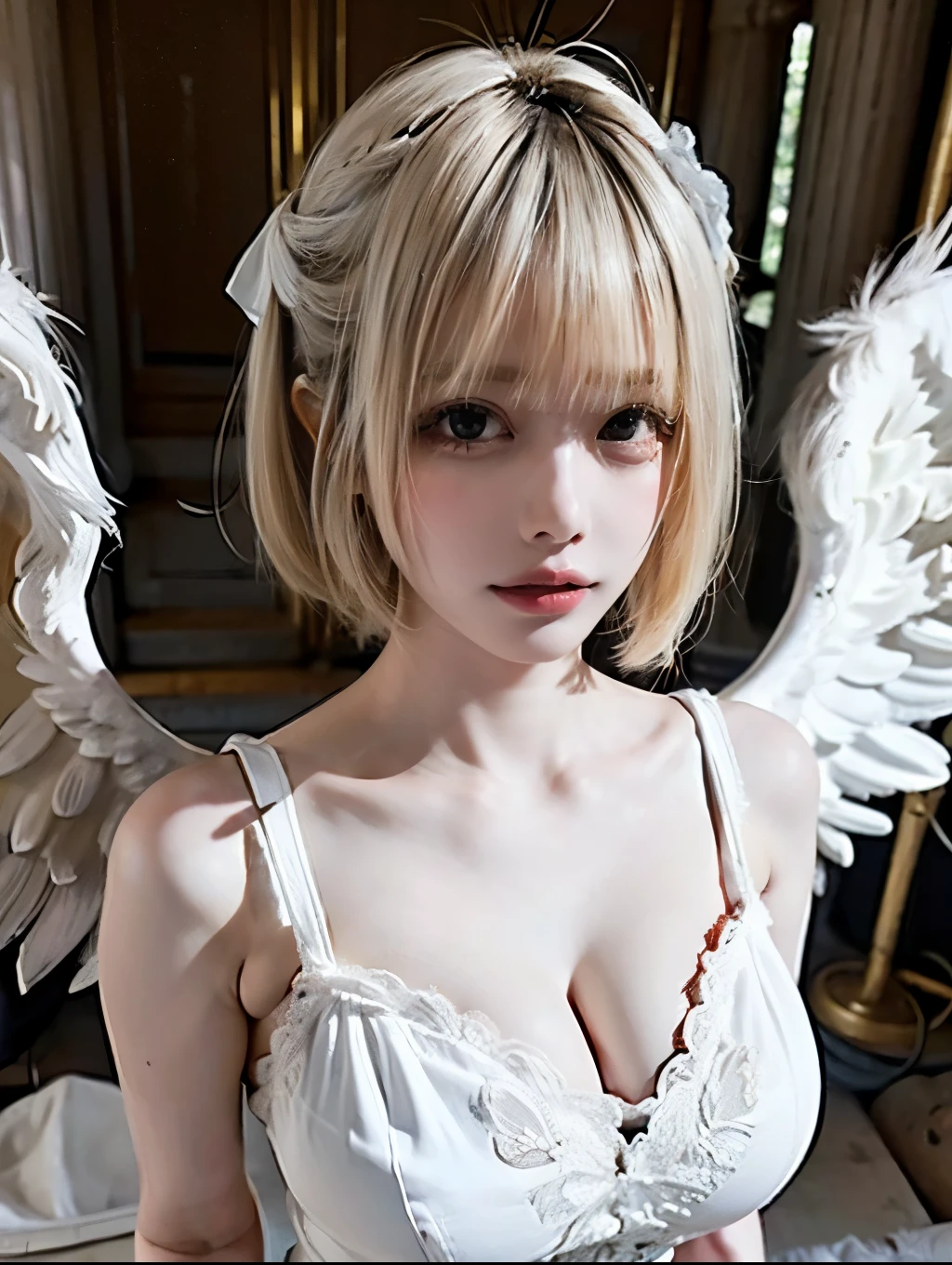 8K, Raw photo, Photorealistic, (Detailed skin, Best Quality:1.2), (Angel wings), ((White camisole dress)), (white head dress, bob hairstyle, bangs), Teenage girl with angel wings, in abandoned Greek temple, (cleavage, pale skin:1.4), thighs, back lighting