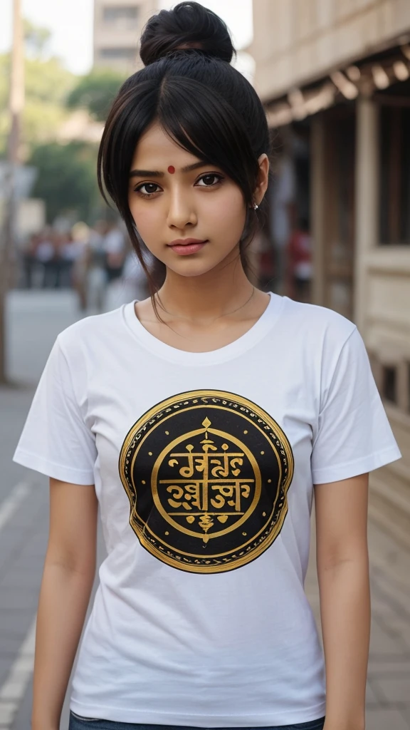 Ia girl sitting in front of a Shiv Bhagwan idol, wearing a black t-shirt and jeans with cargo pants.