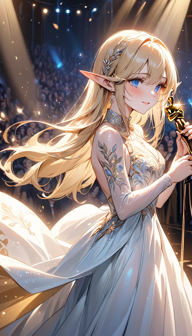 (((Best quality, 8k, Masterpiece: 1.3)), ((best quality)), ((masterpiece)), (detailed), perfect face, perfect body, (detailed skin:1.3), (intricate details), A radiant young elven actress, with flowing golden blonde hair and piercing blue eyes, stands on the grand stage of an Academy Awards ceremony. She wears an elegant, floor-length gown in shimmering silver and gold, adorned with intricate elven embroidery that glimmers under the stage lights. In her delicate hand, she holds the iconic Oscar statuette. Tears of joy glisten in her eyes as she speaks passionately into the microphone, her pointed ears visible beneath her graceful hair. The background features a lavish stage with golden curtains, dramatic lighting, and an audience captivated by her heartfelt words.