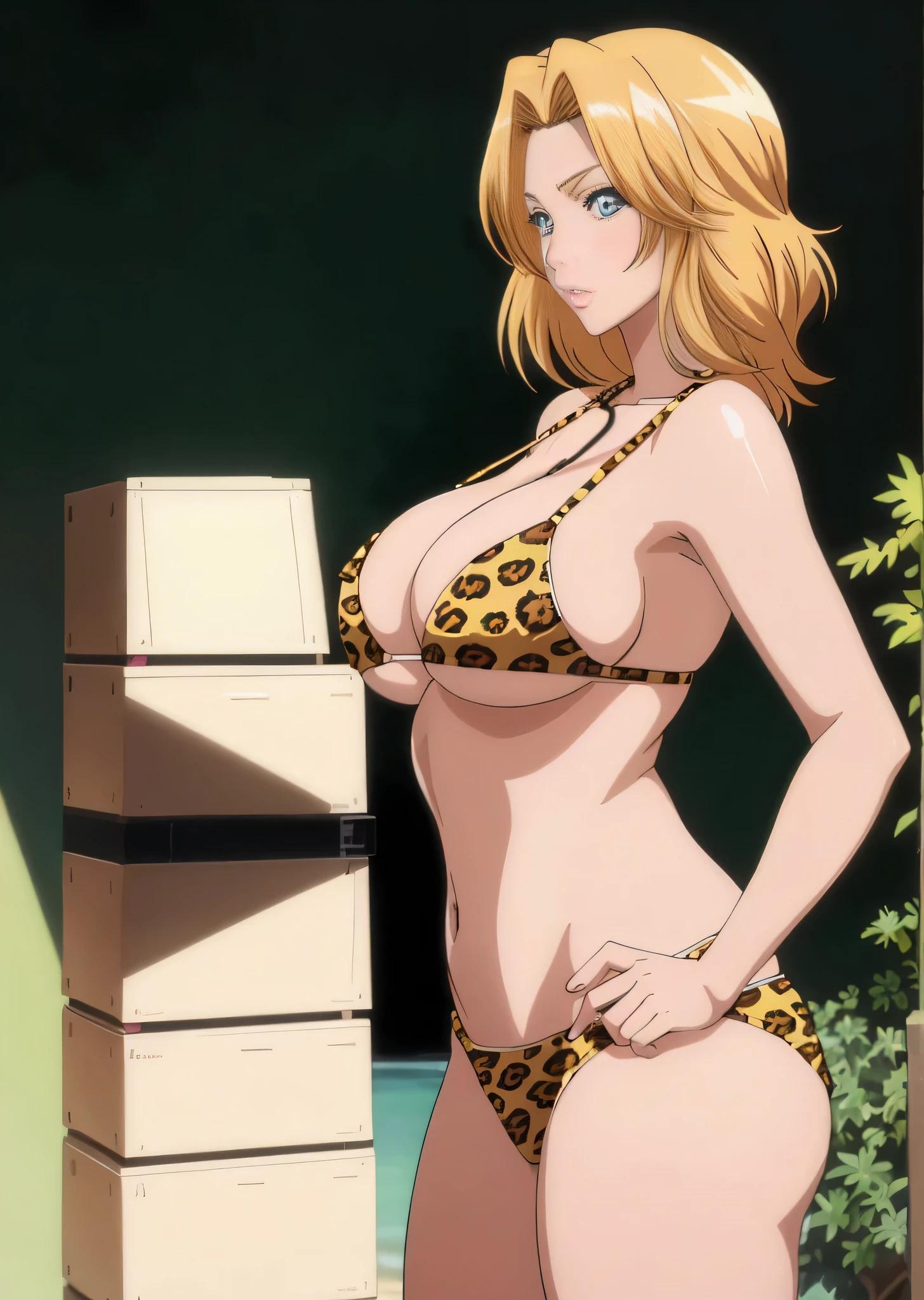  bikini, chic, Girl with short blonde hair,  short hair on the side of the uniform,  hair between eyes、medium hair, loose hair strand,  Green Eyed Girl,  semi-long hair, Big Tits Same!!, Girl in swimsuit, Alone, SFWな huge breasts, Boobs, Big Tits Same!, With very large breasts, in a trianglebikini, My chest is big, Big Tits Same, The chest is covered, clothing: bikini swimsuit, SFW, Boobsプロポーション,  cute exiro bat , cartoon close-up of a woman in a covered SFW ,  huge breasts, bikini with an leopard print top, bikini with an leopard print bottom, animal print, SFW version, Very realistic, Best anime girl, Gwaiz-inspired artwork,  detailed digital animation art, Fully shaded body,  realistic anime 3d style ,  BEAUTIFUL ATTRACTIVE ANIME GIRLS,  realistic anime art style , Realistic Shade Perfect Body,