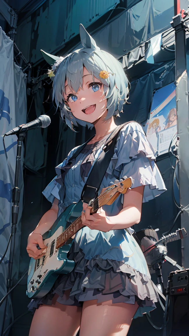 masterpiece,  best quality,  high definition ,  Very detailed,(((Seiun Sky))), (((Horse Girl))), (((Playing guitar))), (((smile))), ((( on stage))), (((blue sky))), (((Stand microphone))), (((Daytime)))