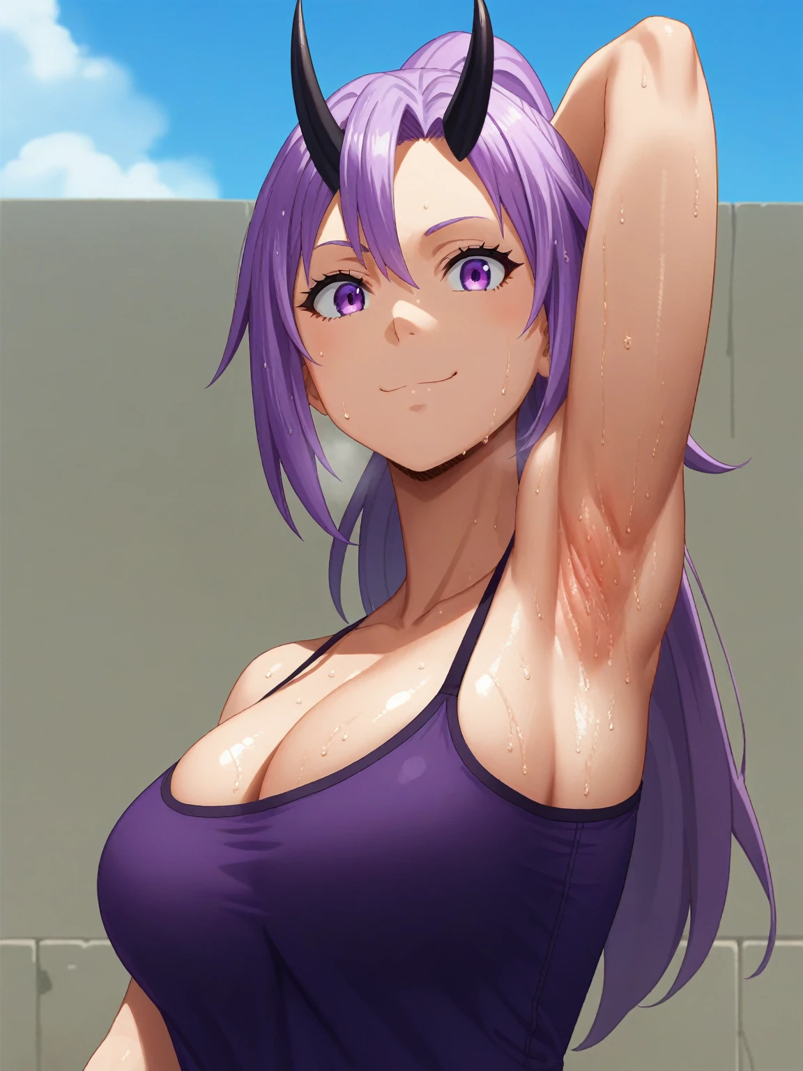 score_9, score_8_up, score_7_up, source_anime, anime screencap, 1girl, solo, shion, ponytail hair, purple hair, purple eyes, black horn, purple jacket, cleavage, large breasts, arm behind head, armpit, armpit focus, from side, (from below:1.1), looking at viewer, head towards viewer, smile, closed mouth, badhandv4, outdoors, day, sweaty