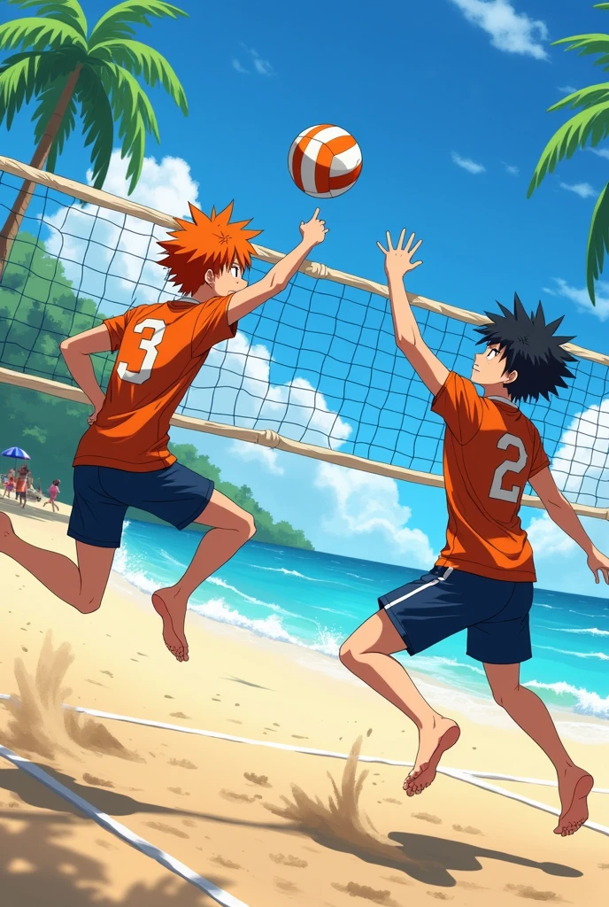 2boy, multiple boys, male focus, muscular male, muscular, nipples, abs, navel, topless male, sunglasses, looking at viewer, looking at another, smile, eyewear on head, male swimwear, swim briefs, swim trunks, beachball, partially submerged, wet, short hair, black hair, red hair, brown eyes, sky, cloud, ocean, day, outdoors, best quality, amazing quality, best aesthetic, absurdres, year 2023
