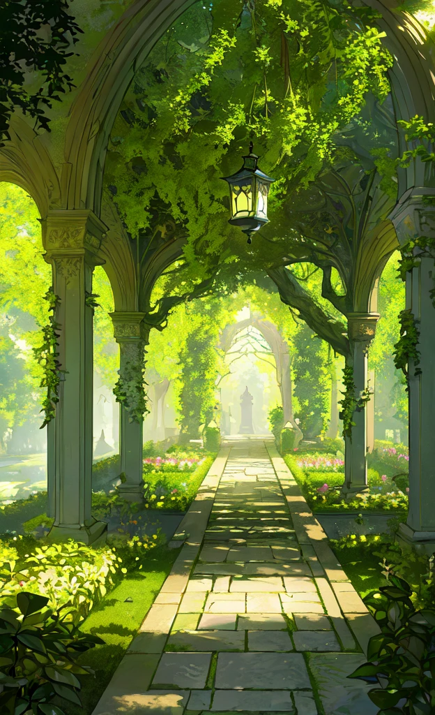 (masterpiece, best quality, highly detailed, intricate), a walkway in a garden with lots of green plants and trees on either side of it and a lantern hanging from the ceiling, Florence Engelbach, tone mapping, a flemish Baroque, german romanticism, cinematic composition, beautiful lighting