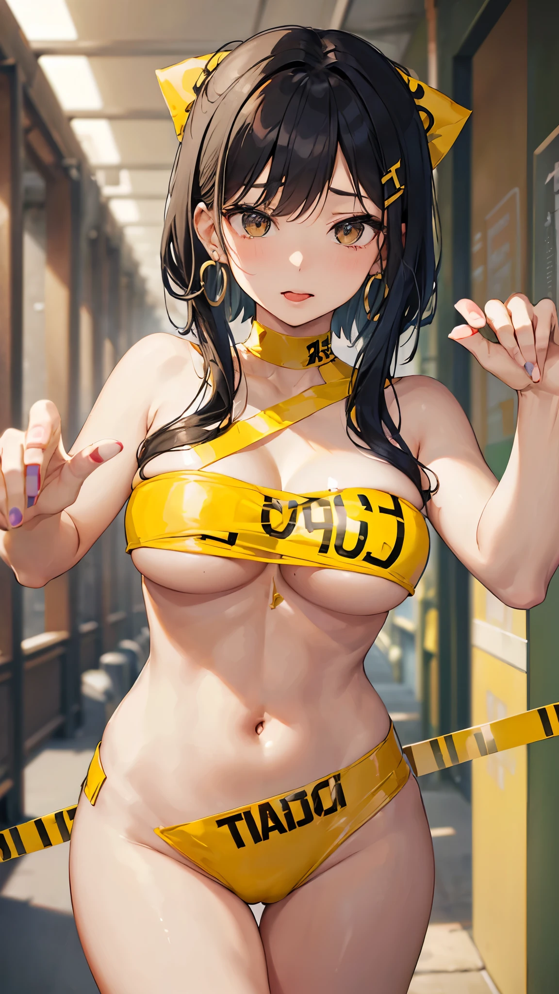 (masterpiece、 best quality、 Very detailed))、 one girl who is at ease、 black hair、 short hair、 twin tails、 Short Bang 、 wavy hair、 gray eyes、(( mouth on the palm of your hand))、((Cum on tongue))、(( lots of earrings))、(( very big breasts ))、((ctf2024、A passageway crossed and affixed with thin yellow tape、Tape hides a woman's chest and crotch ))、((Thick waist))、Thighs