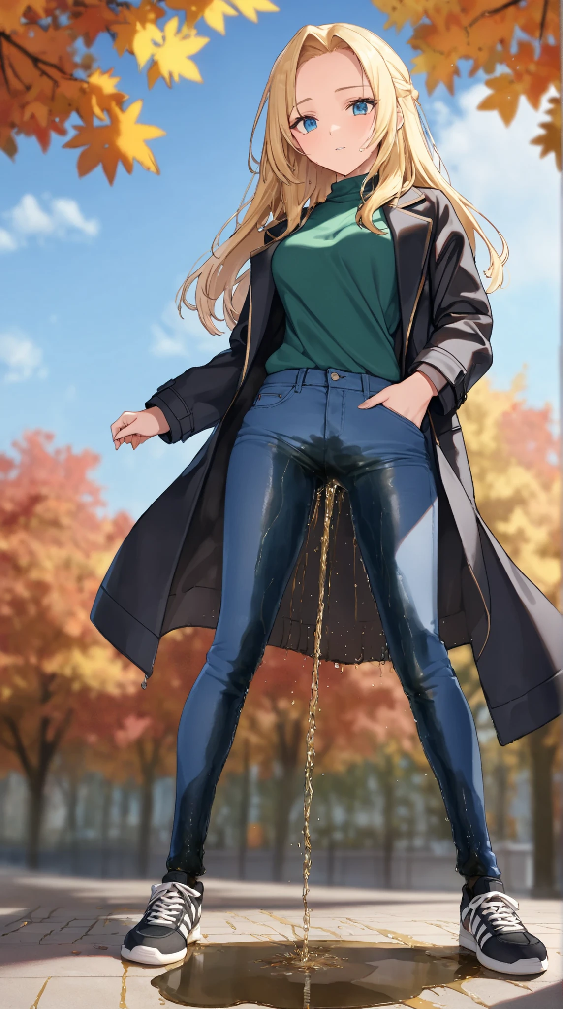 ((best quality, masterpiece:1.3, 8K)), (detailed), highly detailed face and skin texture, detailed eyes, downtown, full body, slender body, 1girl, 25 years old, white skin, blue eyes, bright lips, worried, embarrassed, blond hair, straight hair, long hair, (forehead:0.8), blue eyes, reading glasses, green sweater, jeans pants, skinny jeans, blue jeans, white sneakers, peeing jeans, peeing pants, pee stain, (wetting herself:1.5), desperation,