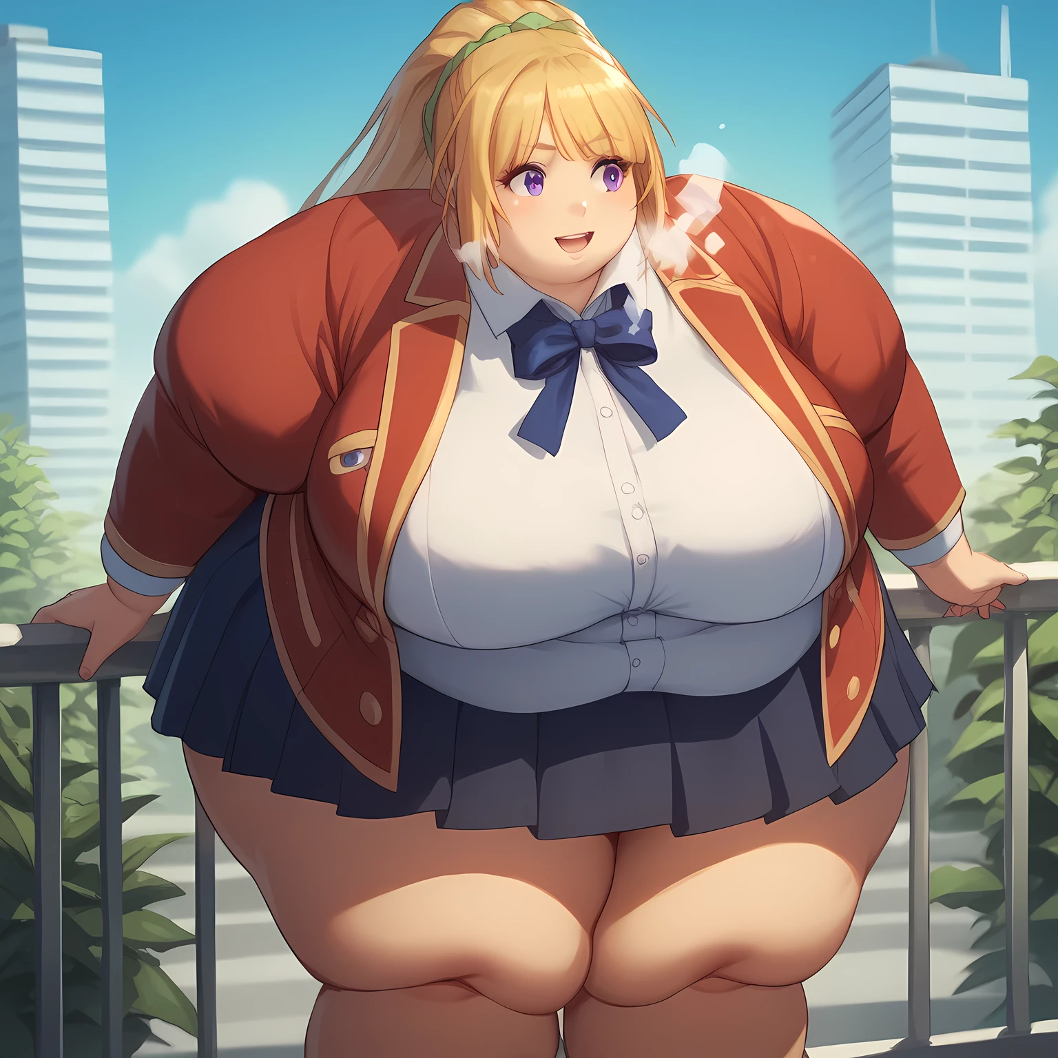 A cheerful anime-style girl with long blonde hair tied in a ponytail, wearing a bright blue-green ribbon. She has bright purple eyes and a warm smile. She is dressed in a red blazer with gold trim, a blue ribbon, a white shirt, and a dark skirt, standing slightly leaning forward in a friendly pose. The background is a sunny rooftop with a clear blue sky, buildings in the distance, and green plants along the railing. The art style is colorful, detailed, and vibrant、flipping up the skirt、black pantie fat, chubby, obese, gigantic arms and legs, large breasts open mouth, out of breath