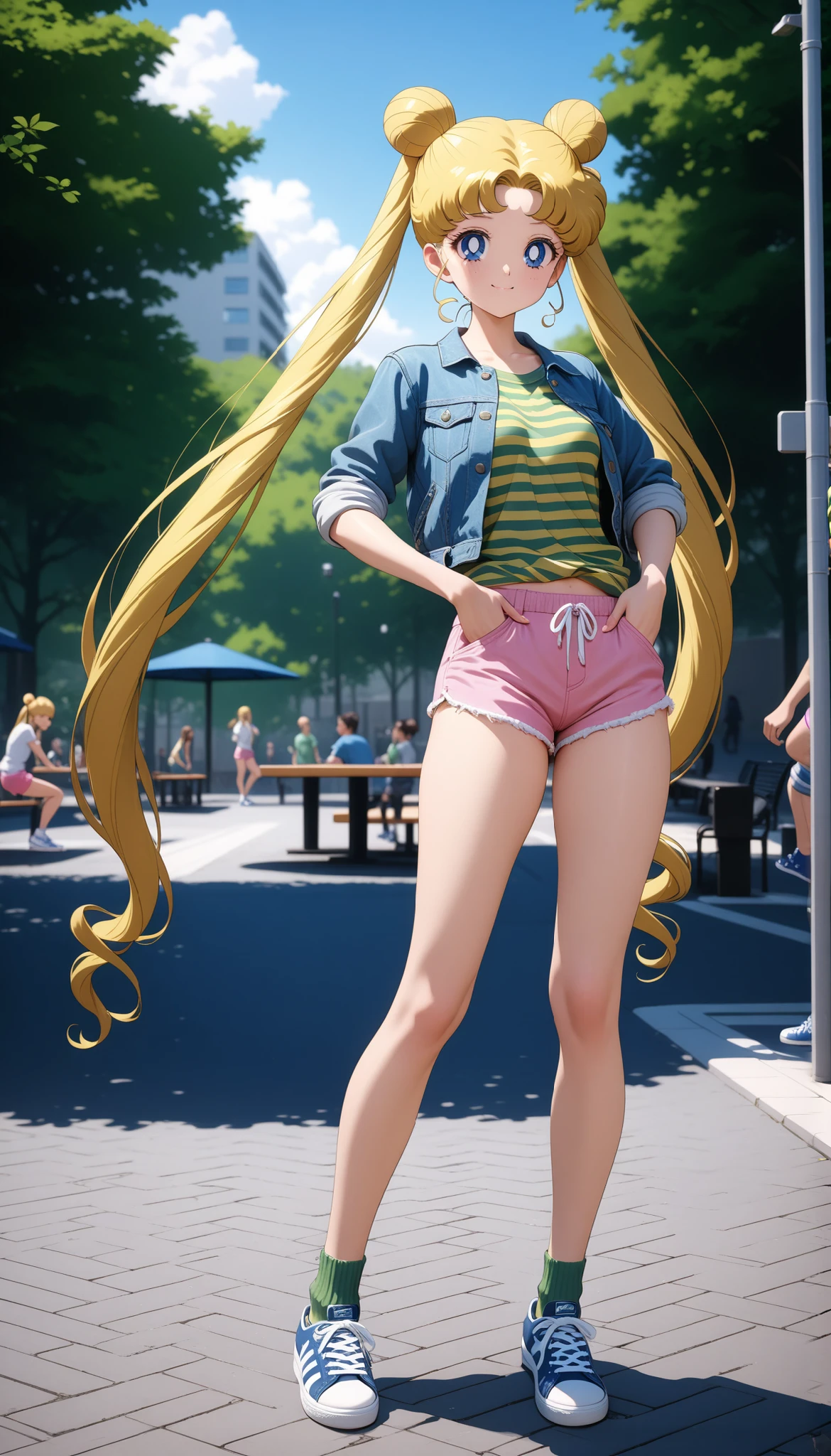 (masterpiece), best quality, very aesthetic, ultra detailed, complex details, 4K, aausagi, blonde hair, double bun, twintails, long hair, blue eyes, small breasts, pink shorts, green striped t-shirt, light denim jacket sleeves rolled up, green mini socks, blue sneakers with white toes, street park, standing sexy poses, smile