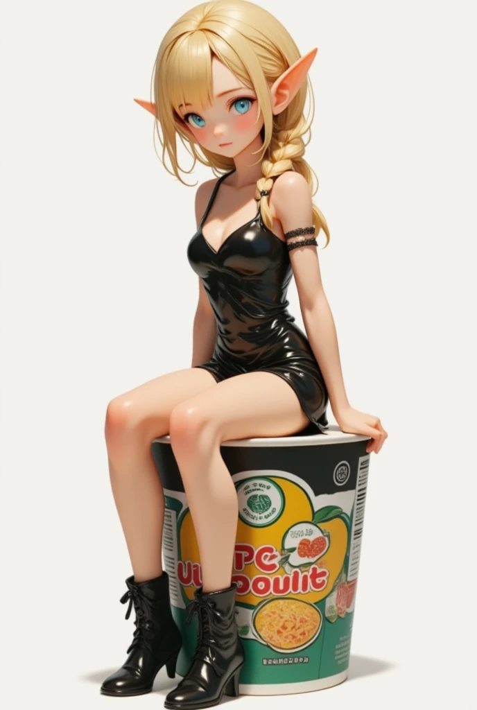 A cup noodle container with the product name printed on the side and top cover, with the cover tightly closed, A small elf sitting on the edge of the cover, full body, PVC texture, braided blonde and slicked-back hair, azure eyes. bare shoulder black mini dress, black short boots, super realistic, from above, Tilt lens photography, simple background