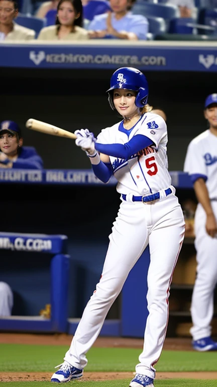 No. 4 batter、 homerun artist 、 very beautiful woman 、 wearing Arizona Damon Rex uniform,hitting at Dodgers Stadium 、Long legs、White-skinned Japanese hitter 、