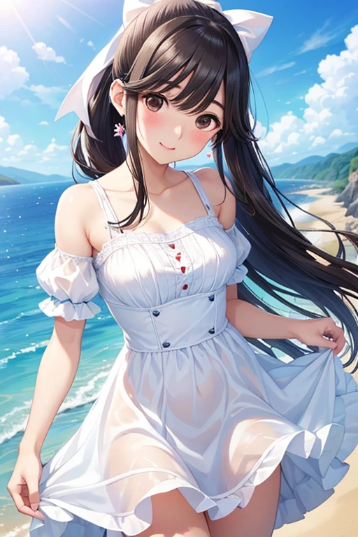very cute and beautiful girl,white sun dress with detailed frills,(highly detailed beautiful face and eyes:1.2),
smile,looking at viewer,black hair,dynamic pose,dynamic angle,cowboy shot,(skirt lift,white panties),
beach,distant rugged cliffs,(best quality,masterpiece:1.2),(intricate details),extremely detailed,high resolution,
solo,hair fluttering in the wind,beautiful detailed sky,